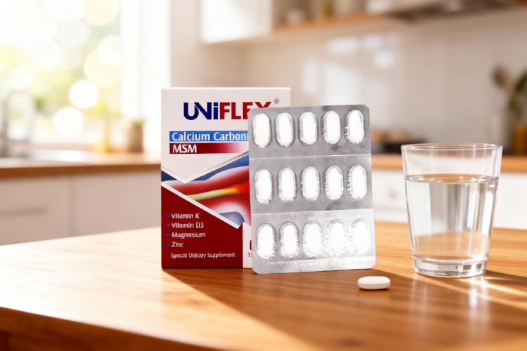 قرص یونی فلکس کنار لیوان آب برای مصرف روزانه